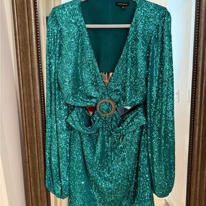 NADINE MERABI Teal Sequin Long Sleeve Dress